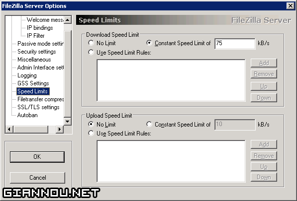 FileZilla Speed Limit settings